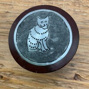 Handcrafted Round Wooden Cat Embossed Design Brown and Silver Trinket Box